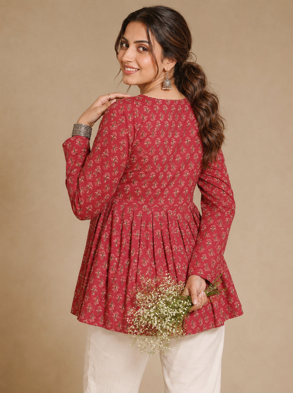Cotton V Neck Peplum Kurti – Rose Red