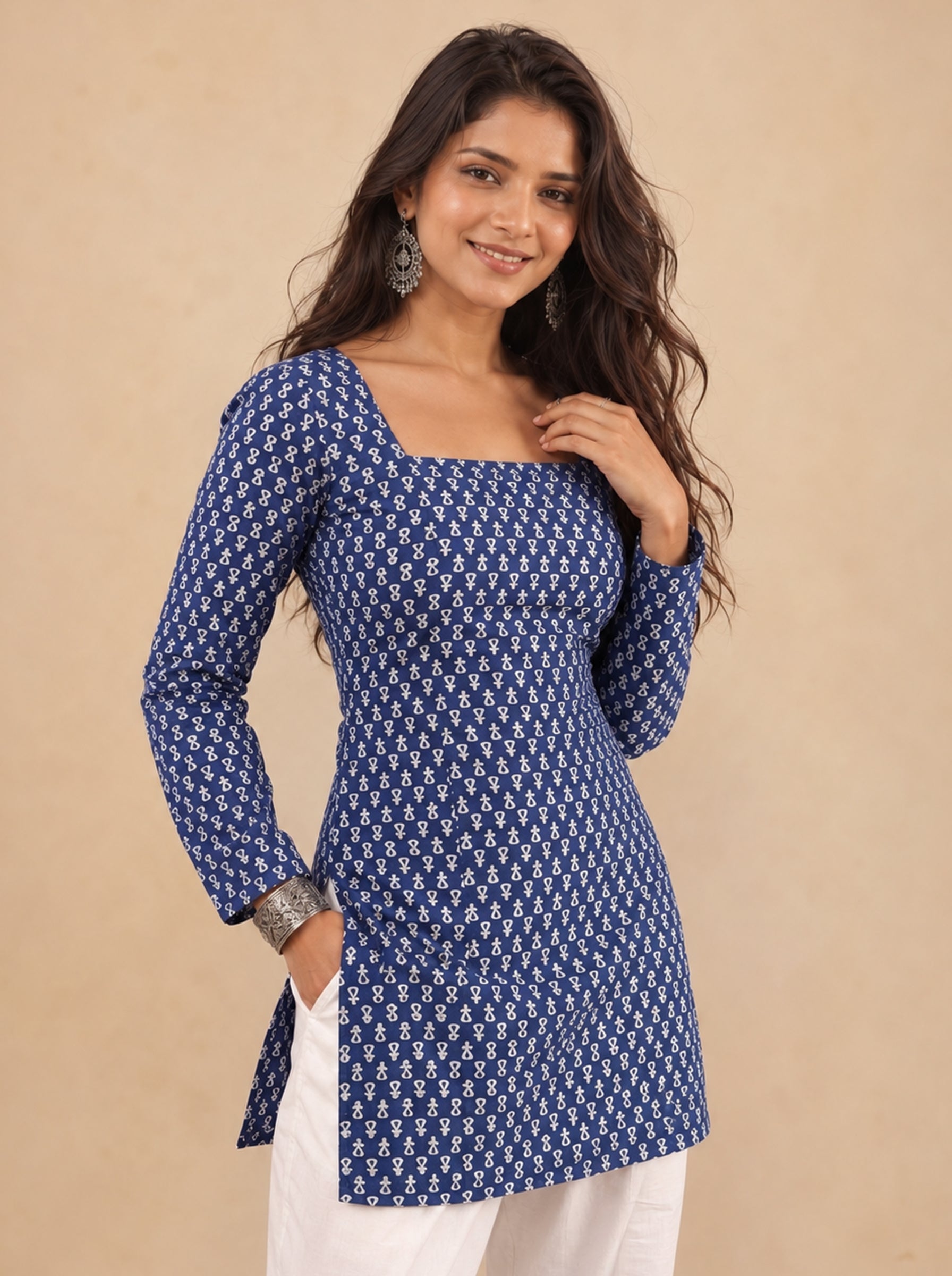 Cotton Square Neck Kurti Top – Navy Blue