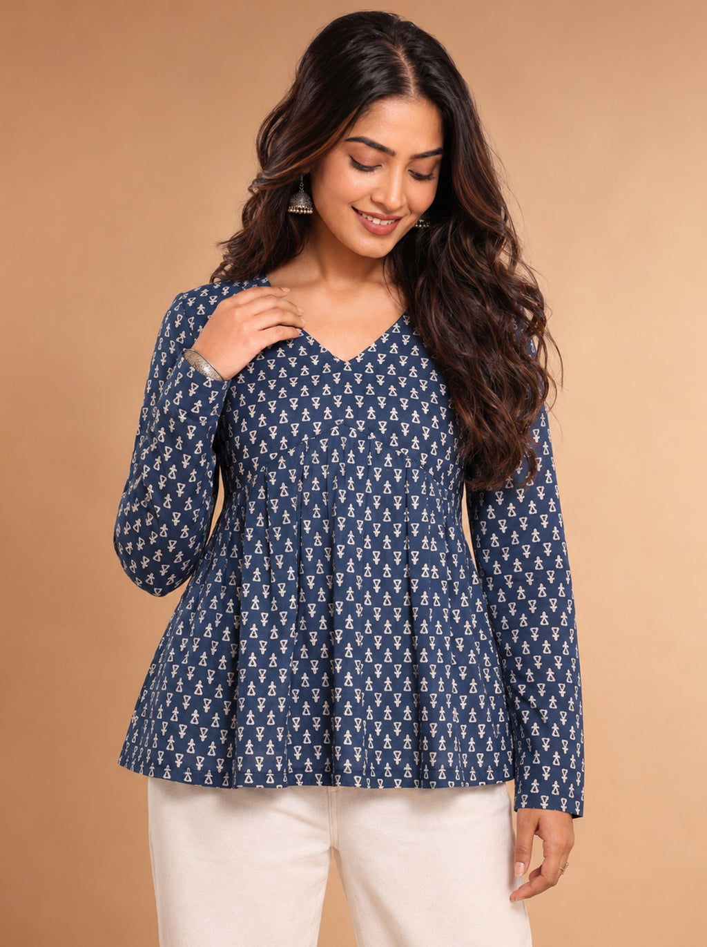 Cotton V Neck Peplum Kurti – Navy Blue