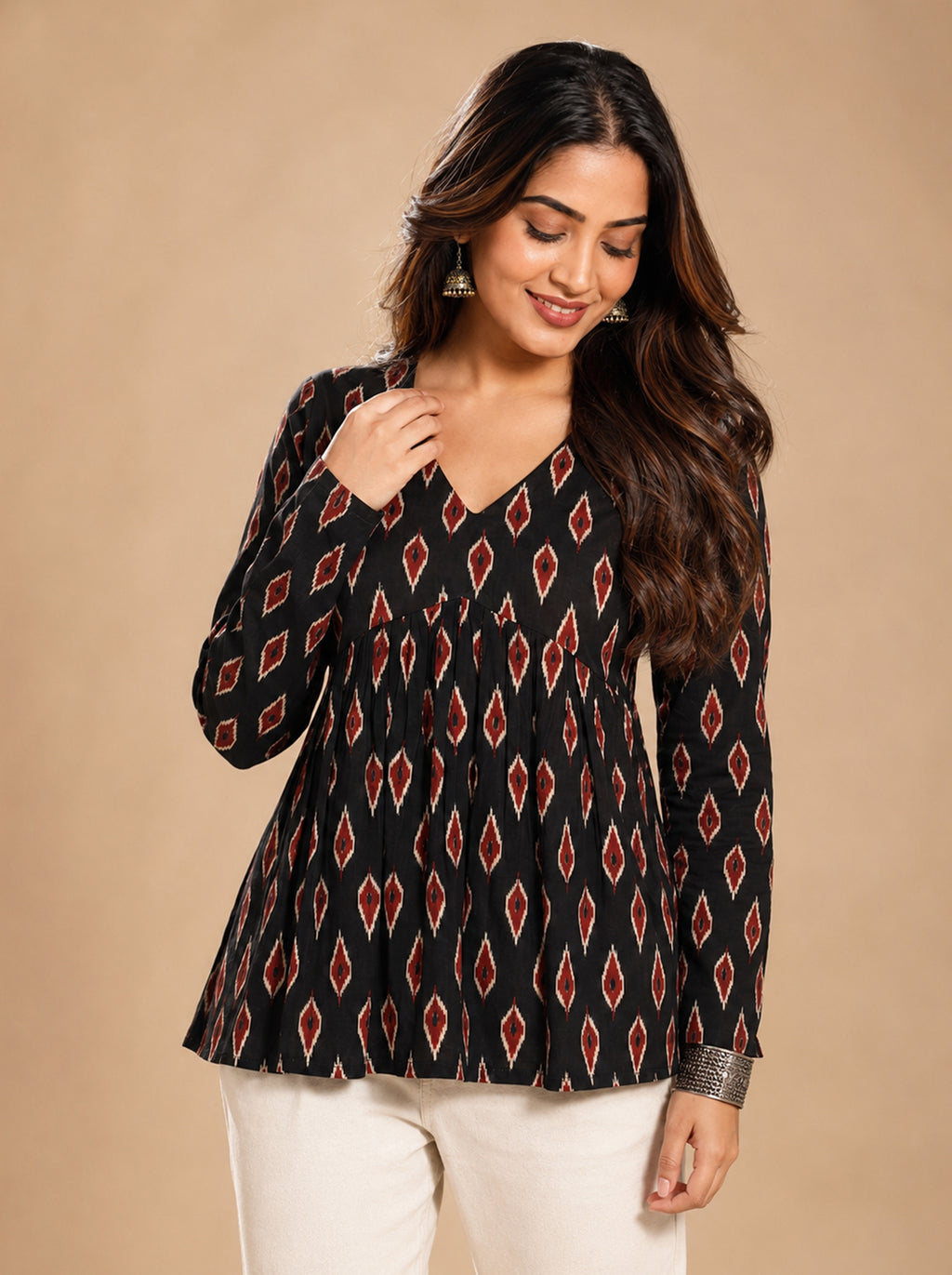 Cotton V Neck Peplum Kurti – Black