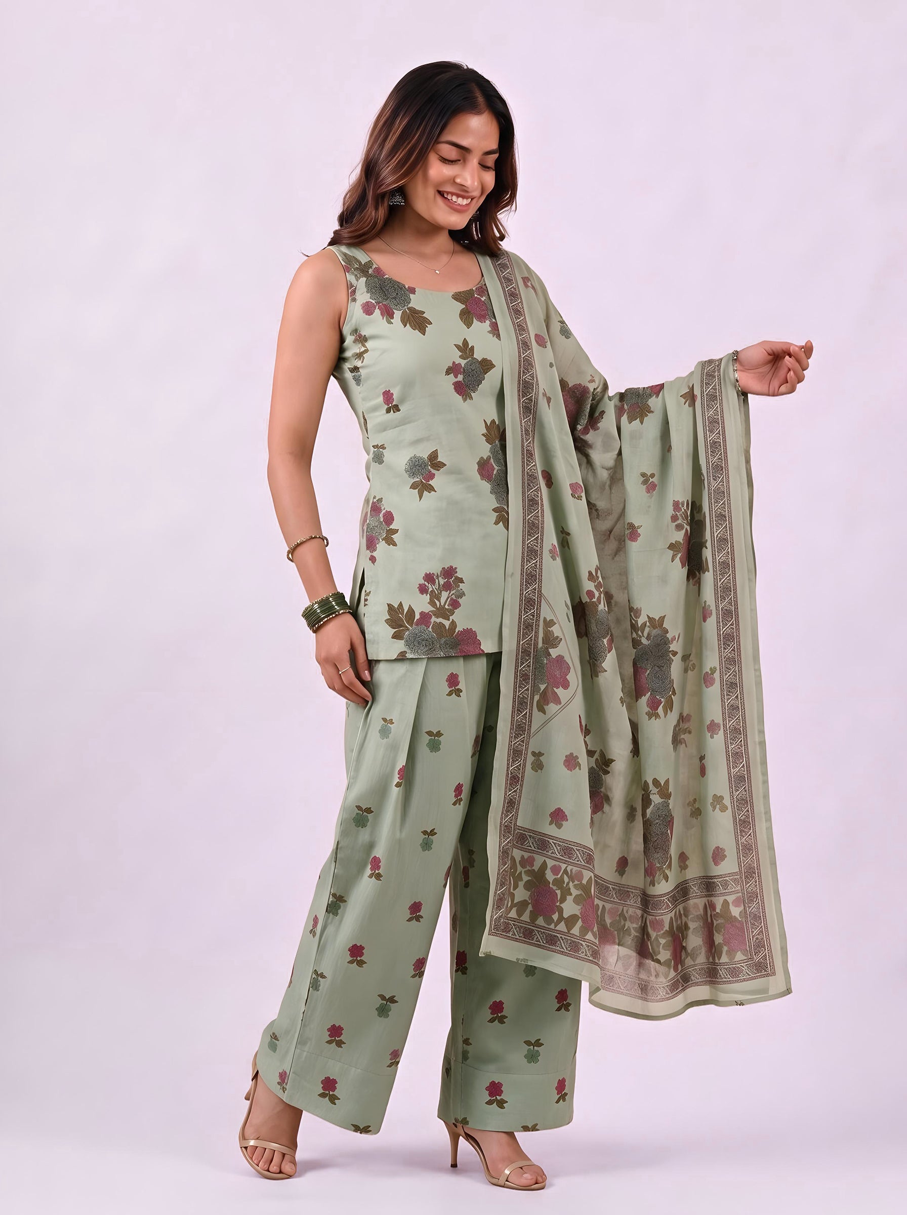 Cotton Corset Kurti Salwar Dupatta Set – Green