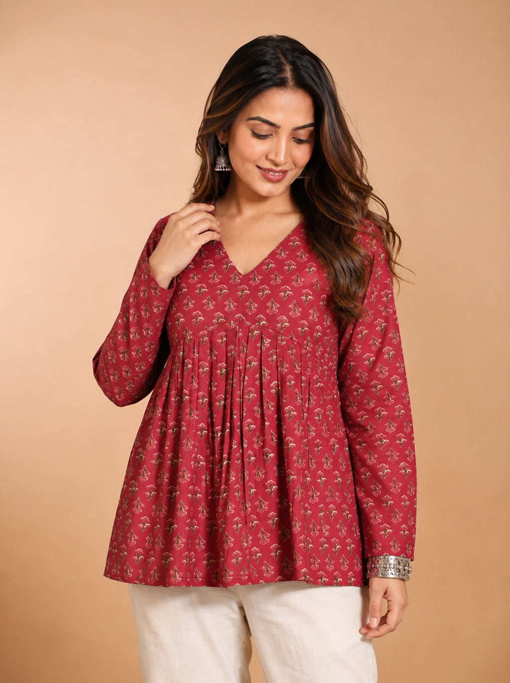 Cotton V Neck Peplum Kurti – Rose Red