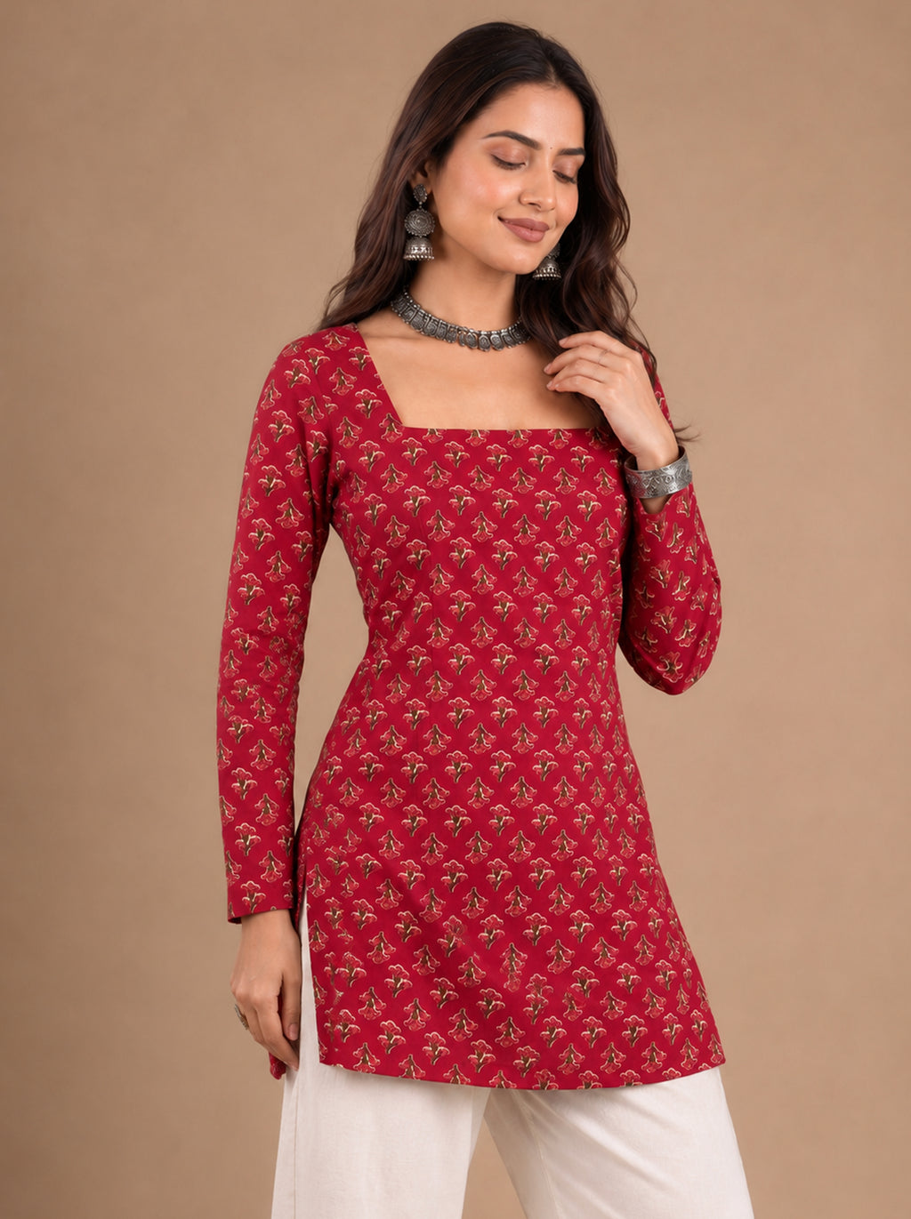 Cotton Square Neck Kurti Top – Rose Red