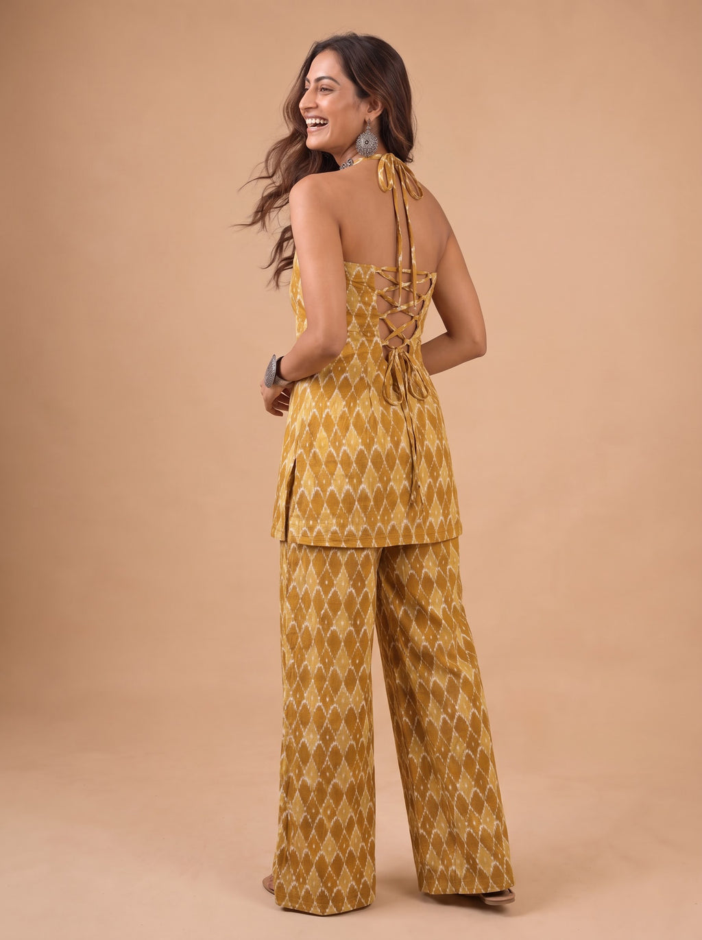 Cotton Halter Neck Kurti Palazzo Set – Yellow