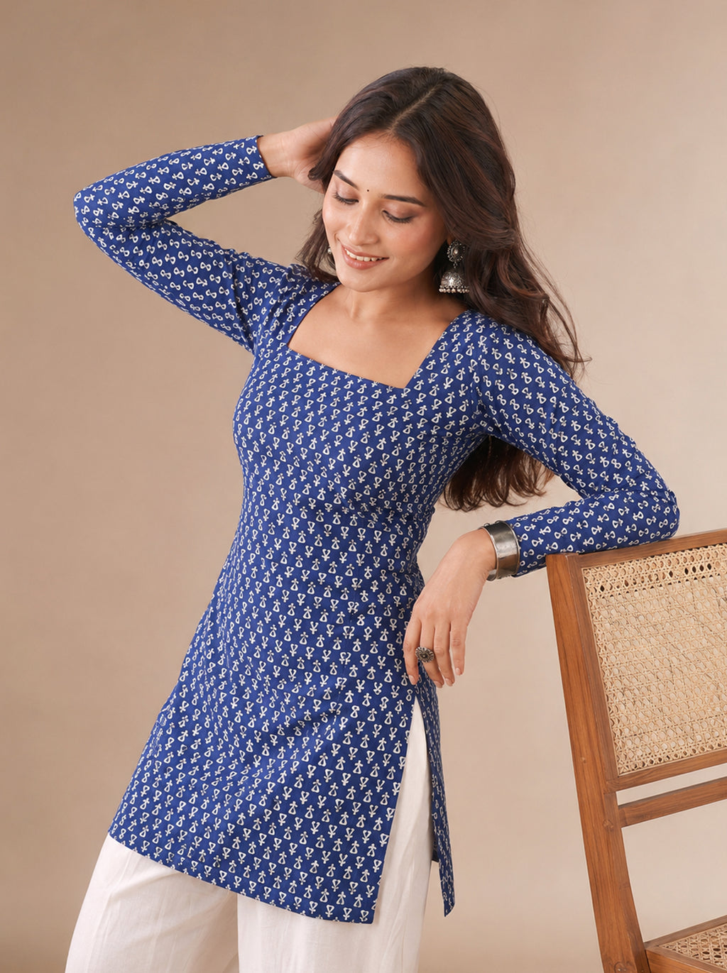 Cotton Square Neck Kurti Top – Navy Blue