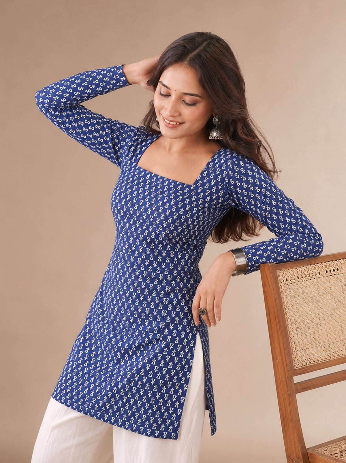 Cotton Square Neck Kurti Top – Navy Blue