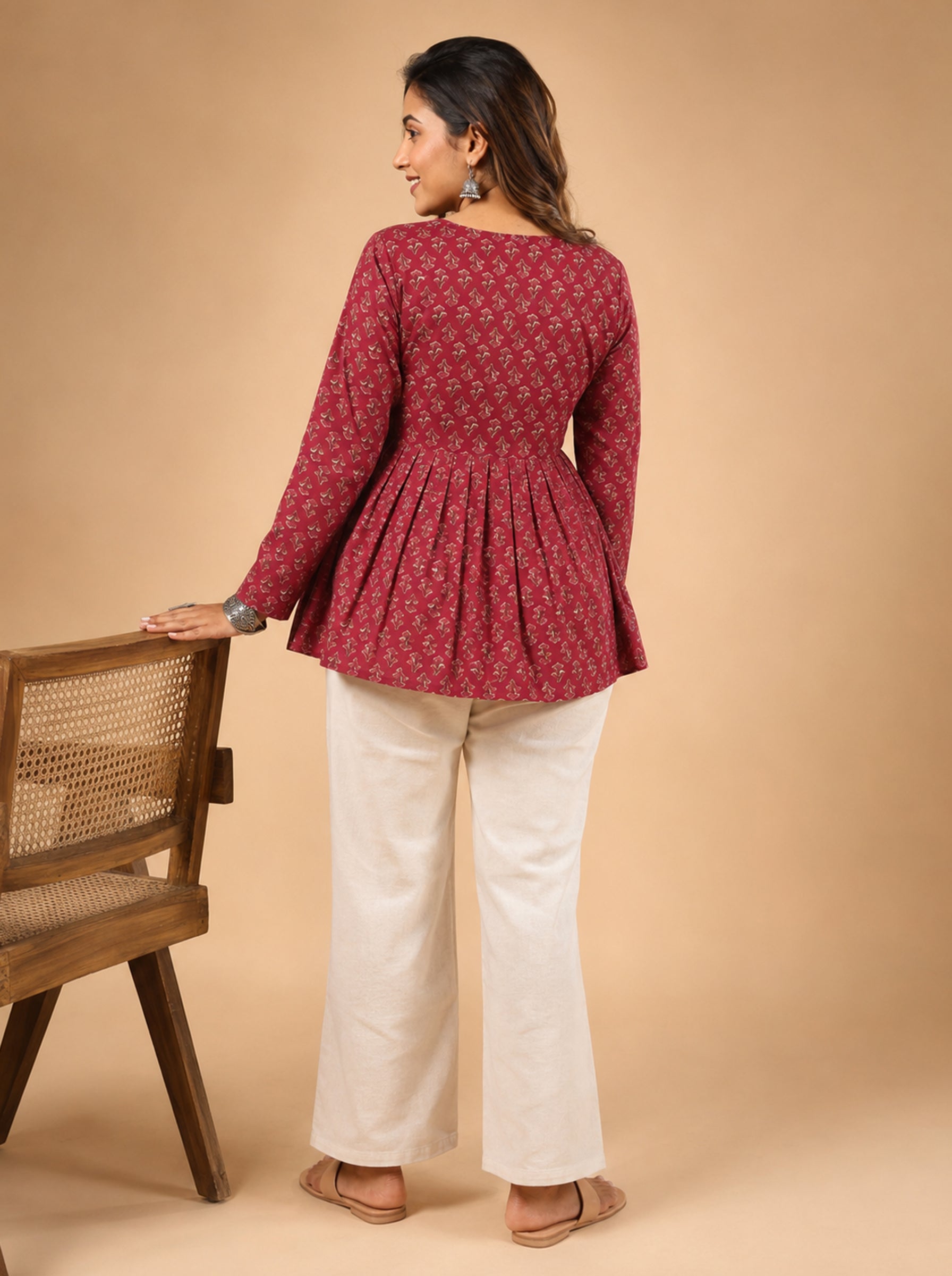 Cotton V Neck Peplum Kurti – Rose Red