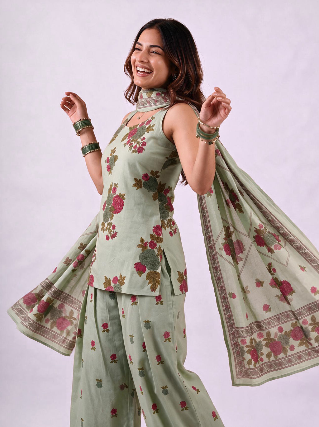 Cotton Corset Kurti Salwar Dupatta Set – Green