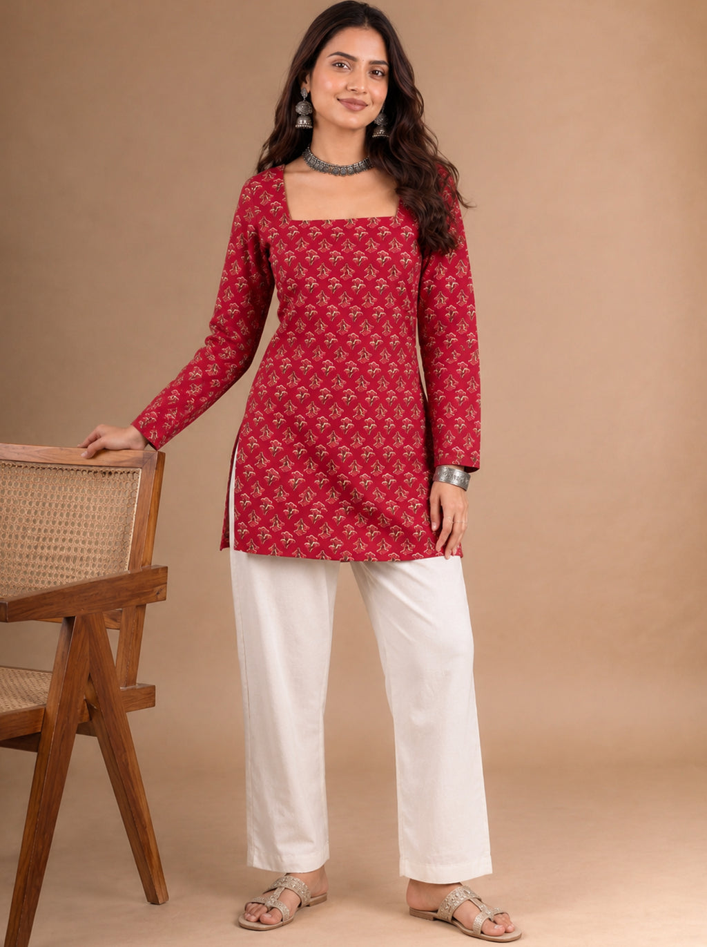Cotton Square Neck Kurti Top – Rose Red