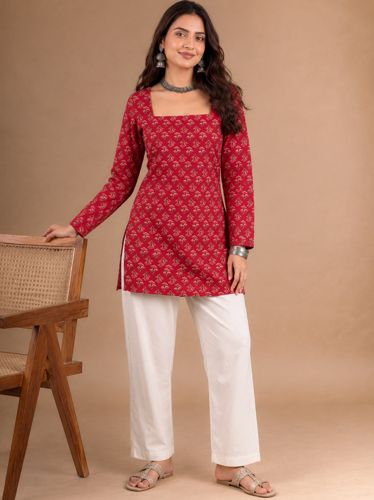 Cotton Square Neck Kurti Top – Rose Red