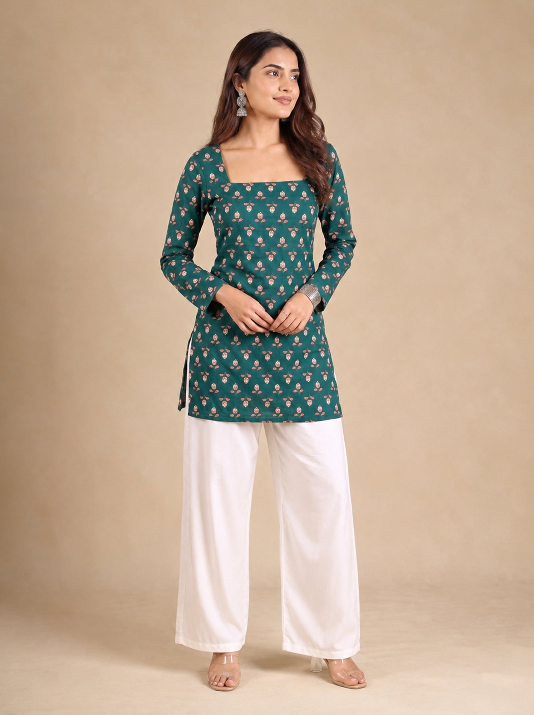 Cotton Square Neck Corset Kurti – Green