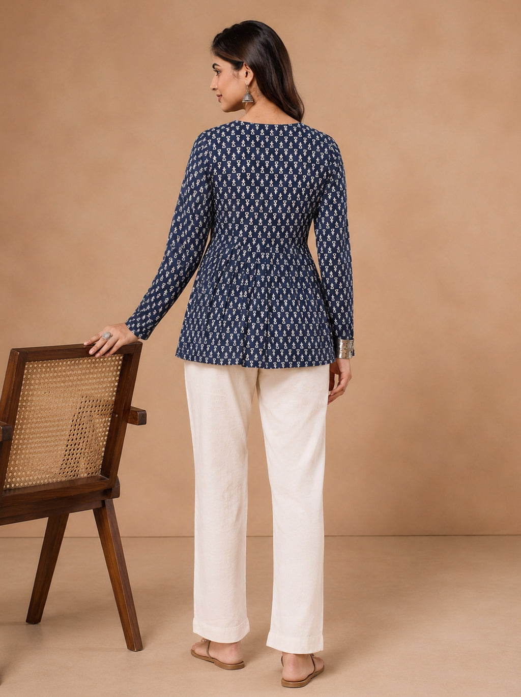 Cotton V Neck Peplum Kurti – Navy Blue