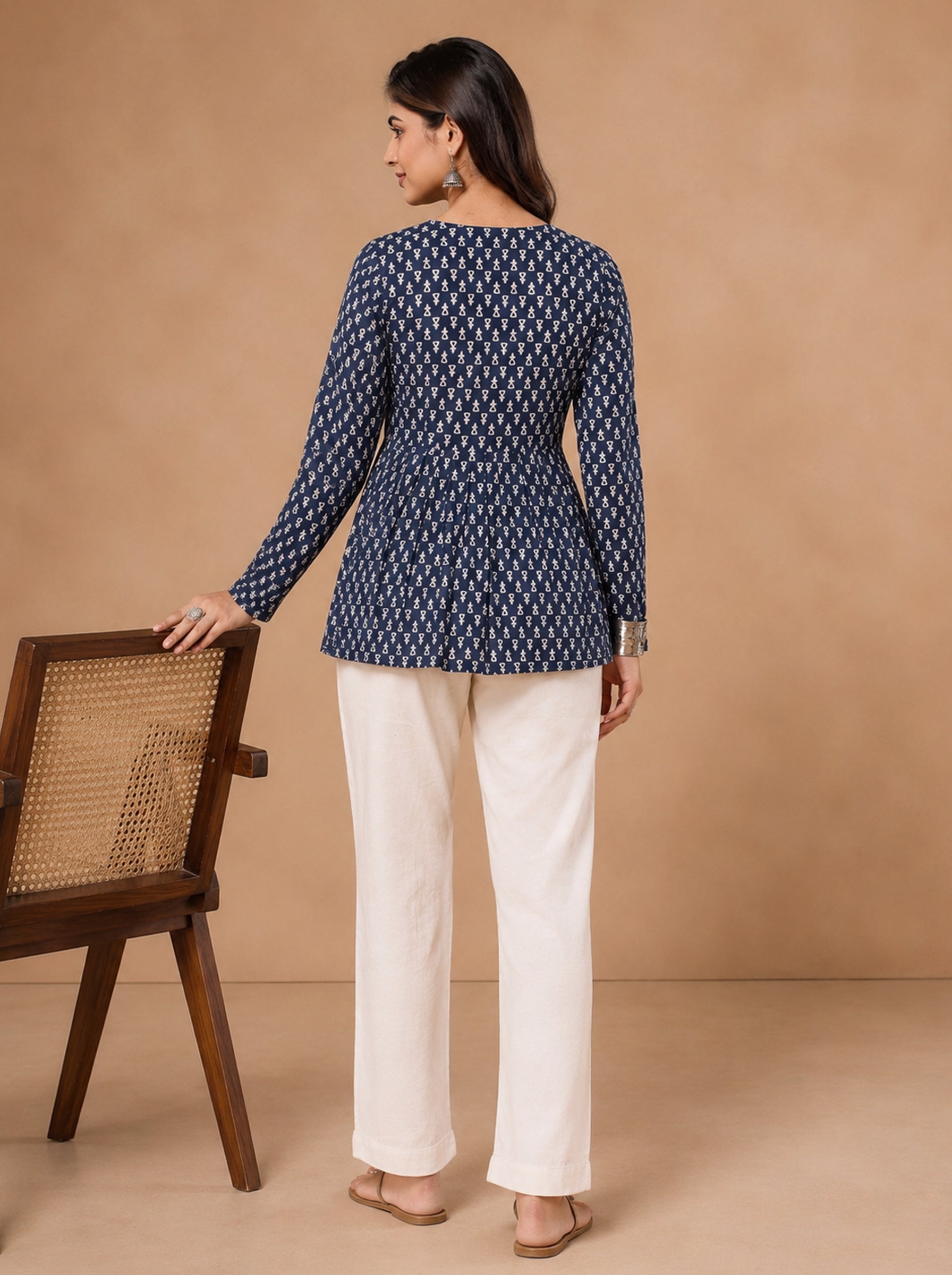 Cotton V Neck Peplum Kurti – Navy Blue