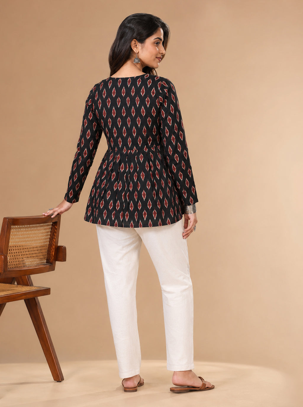 Cotton V Neck Peplum Kurti – Black