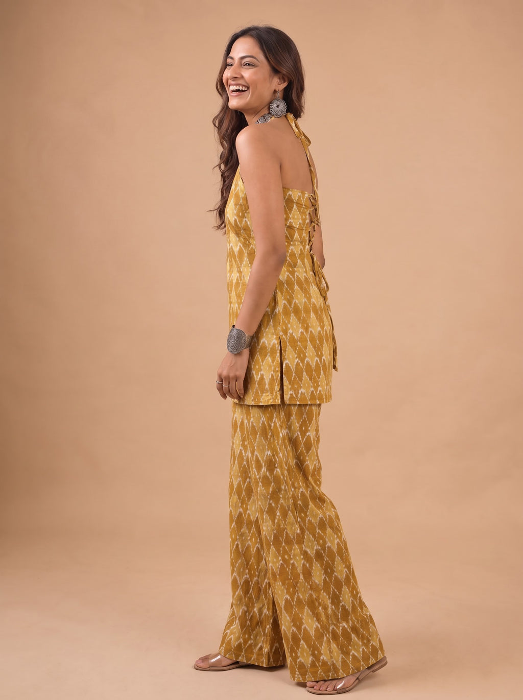 Cotton Halter Neck Kurti Palazzo Set – Yellow