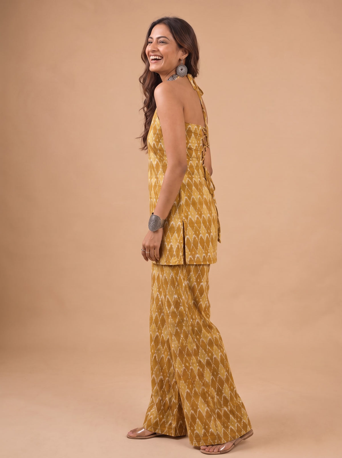 Cotton Halter Neck Kurti Palazzo Set – Yellow