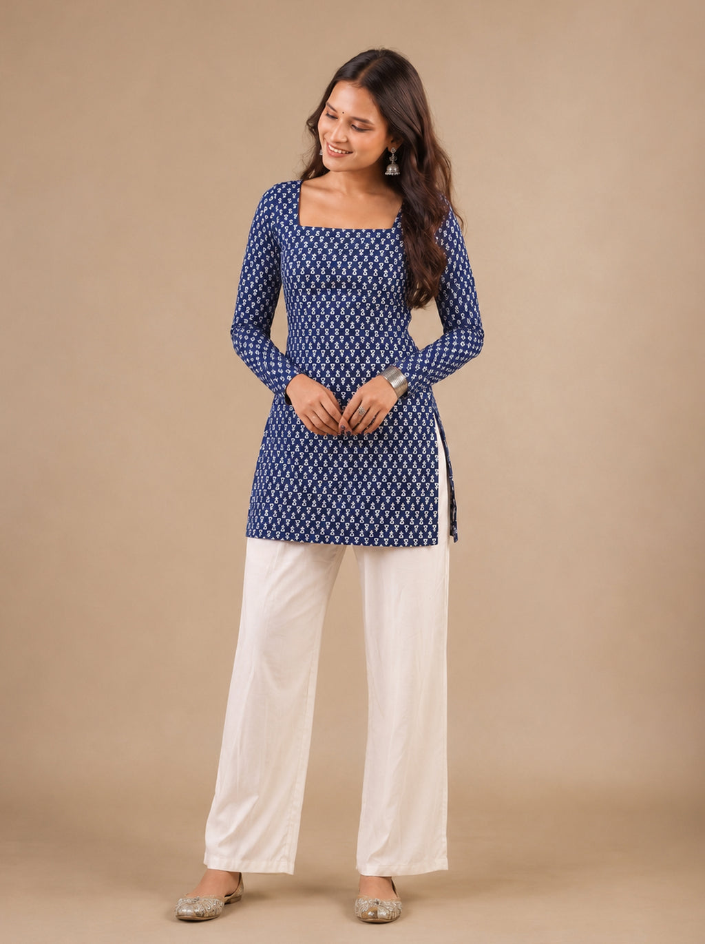 Cotton Square Neck Kurti Top – Navy Blue