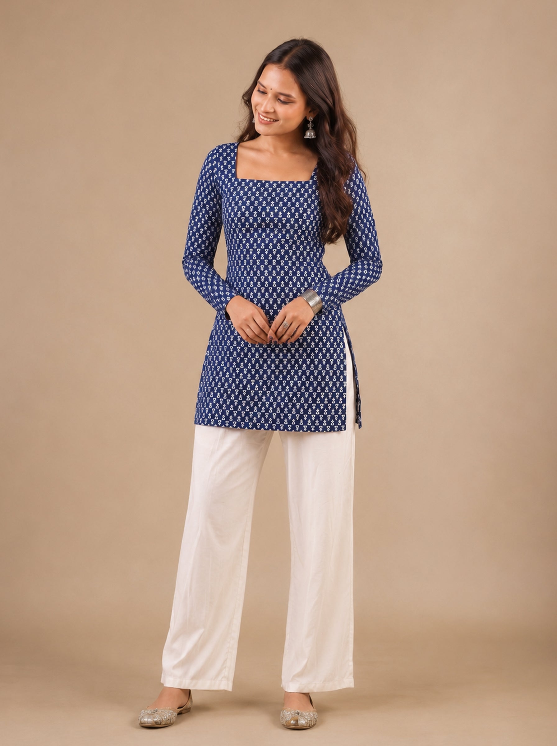 Cotton Square Neck Kurti Top – Navy Blue