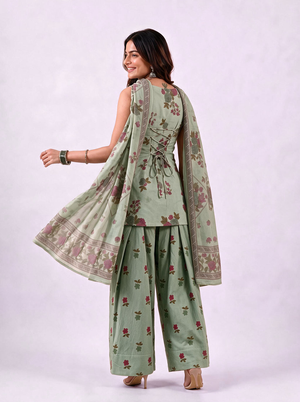 Cotton Corset Kurti Salwar Dupatta Set – Green