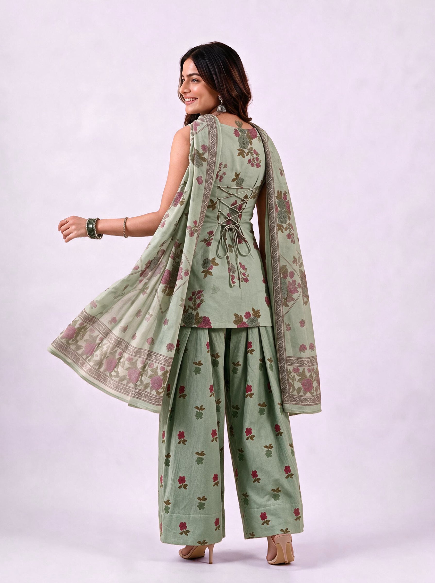 Cotton Corset Kurti Salwar Dupatta Set – Green