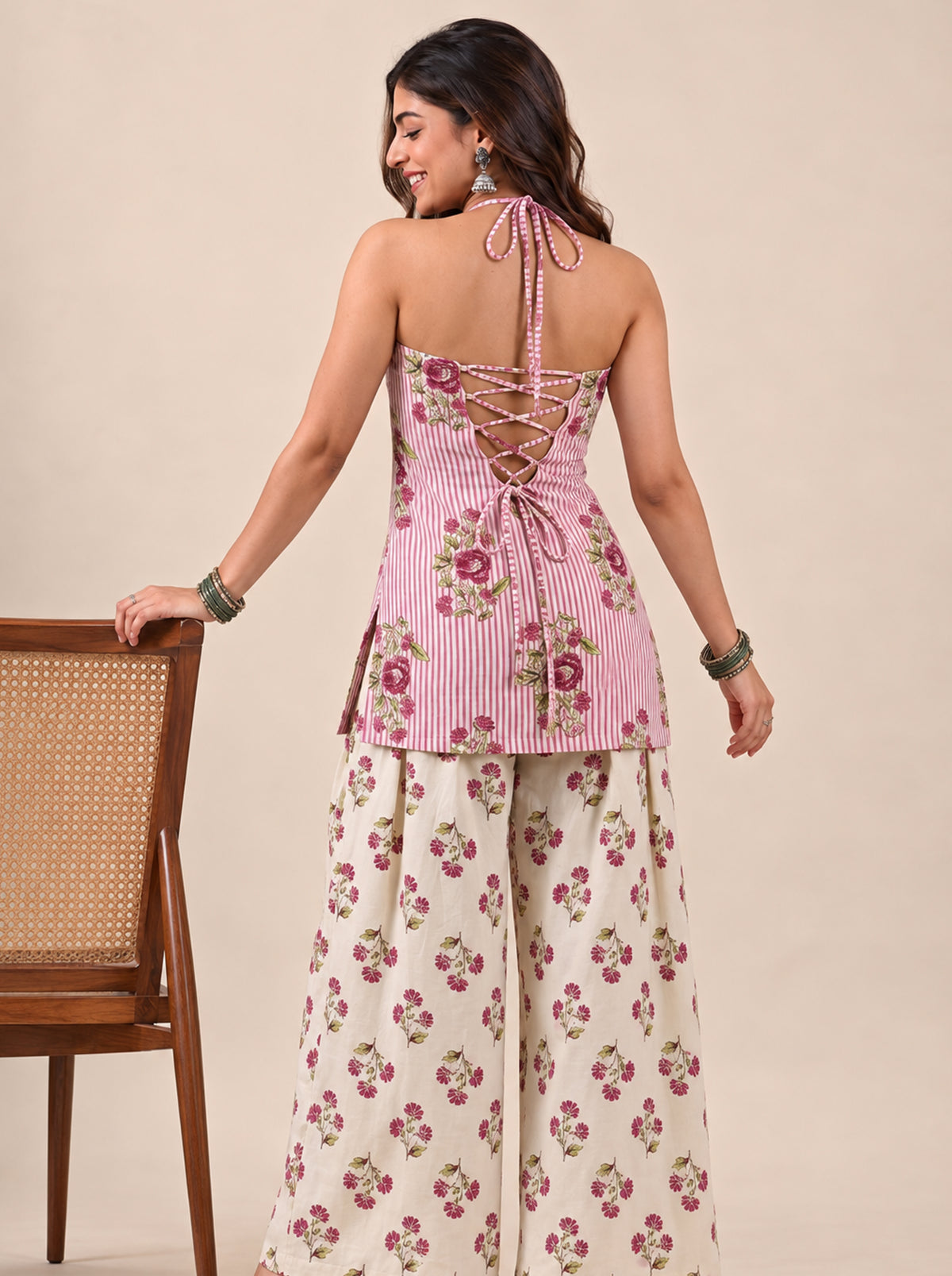 Halter Neck Kurti Palazzo Set – Pink