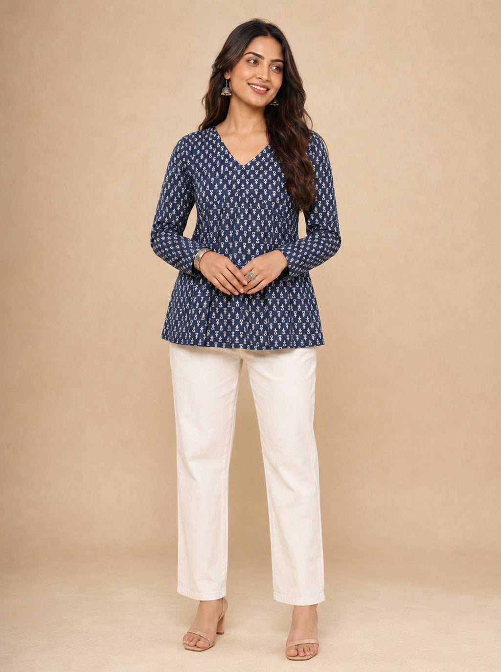 Cotton V Neck Peplum Kurti – Navy Blue