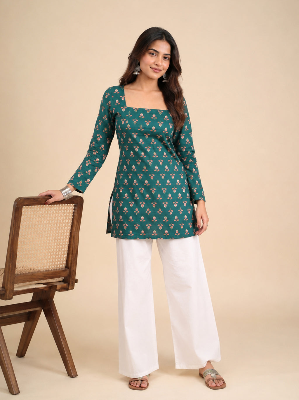 Cotton Square Neck Corset Kurti – Green