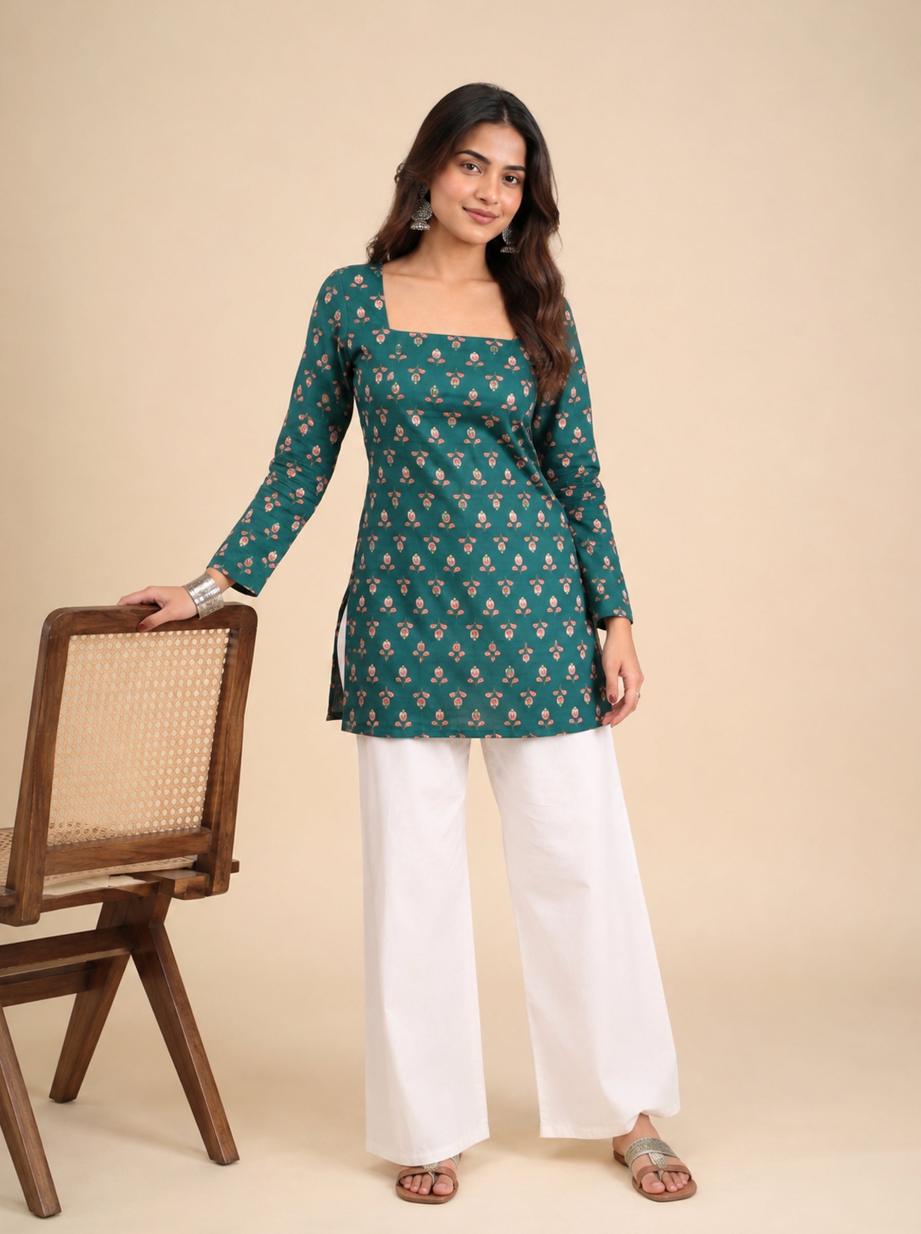 Cotton Square Neck Corset Kurti – Green