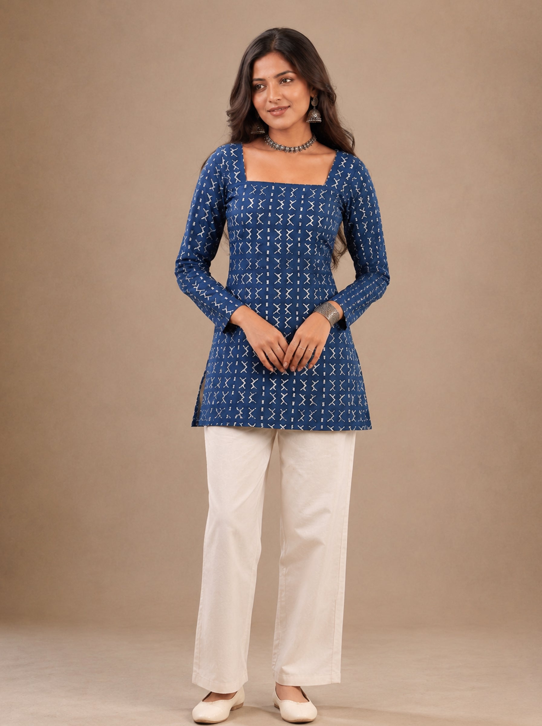 Cotton Square Neck Kurti Top – Indigo