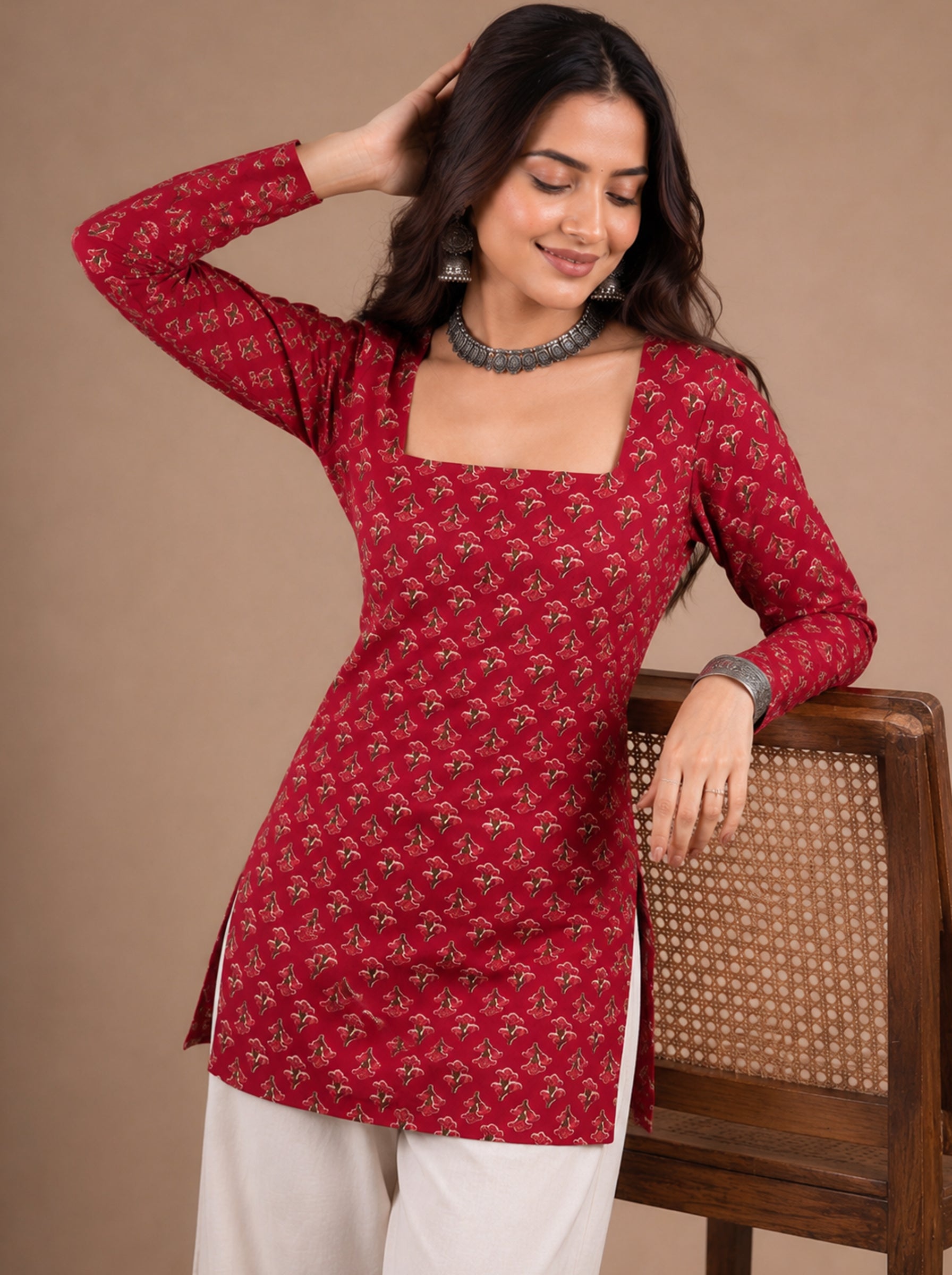 Cotton Square Neck Kurti Top – Rose Red