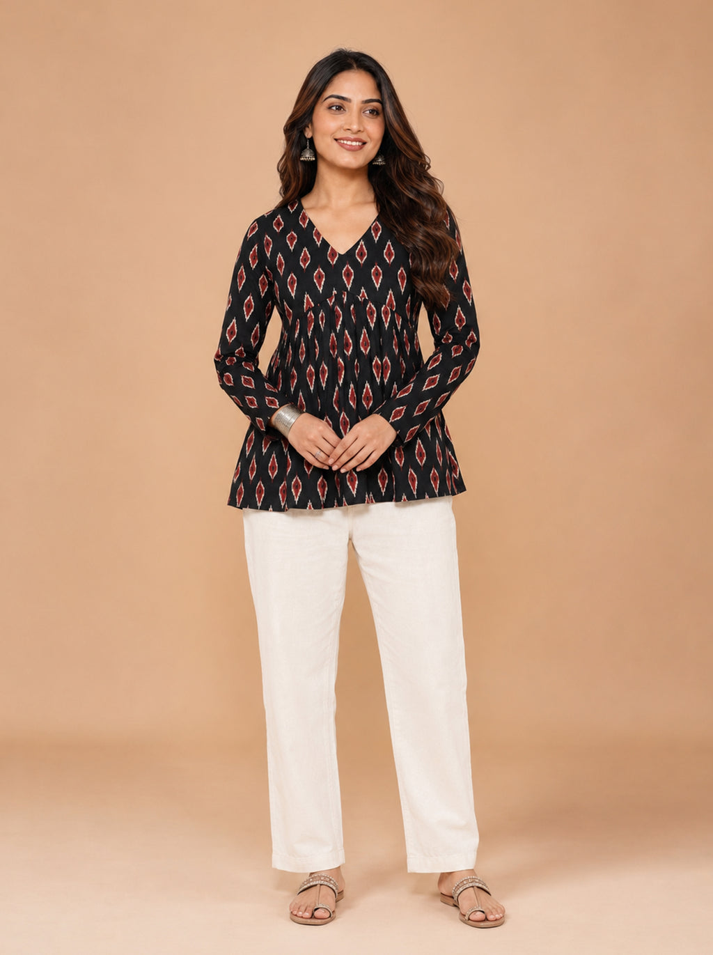 Cotton V Neck Peplum Kurti – Black