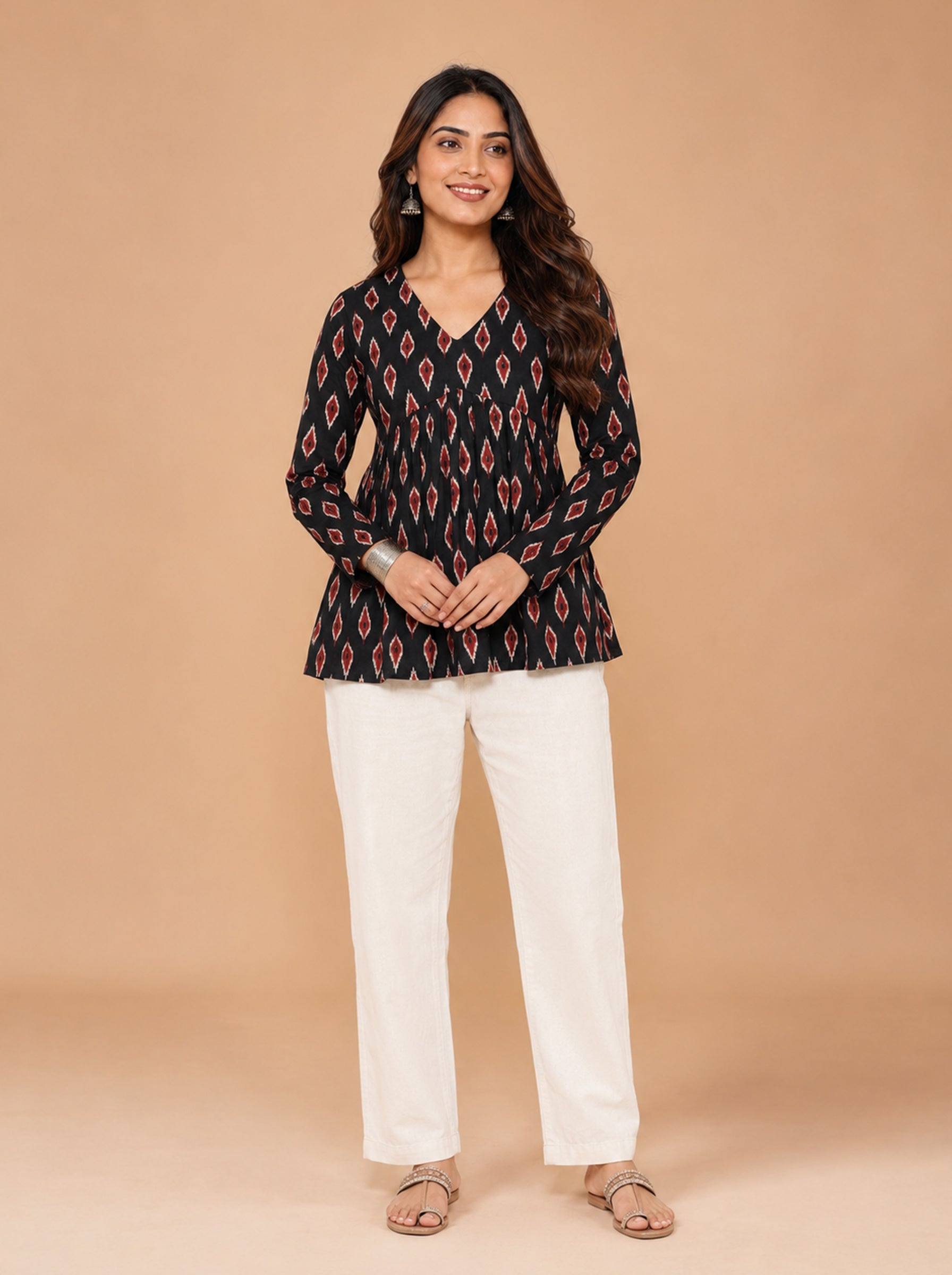 Cotton V Neck Peplum Kurti – Black