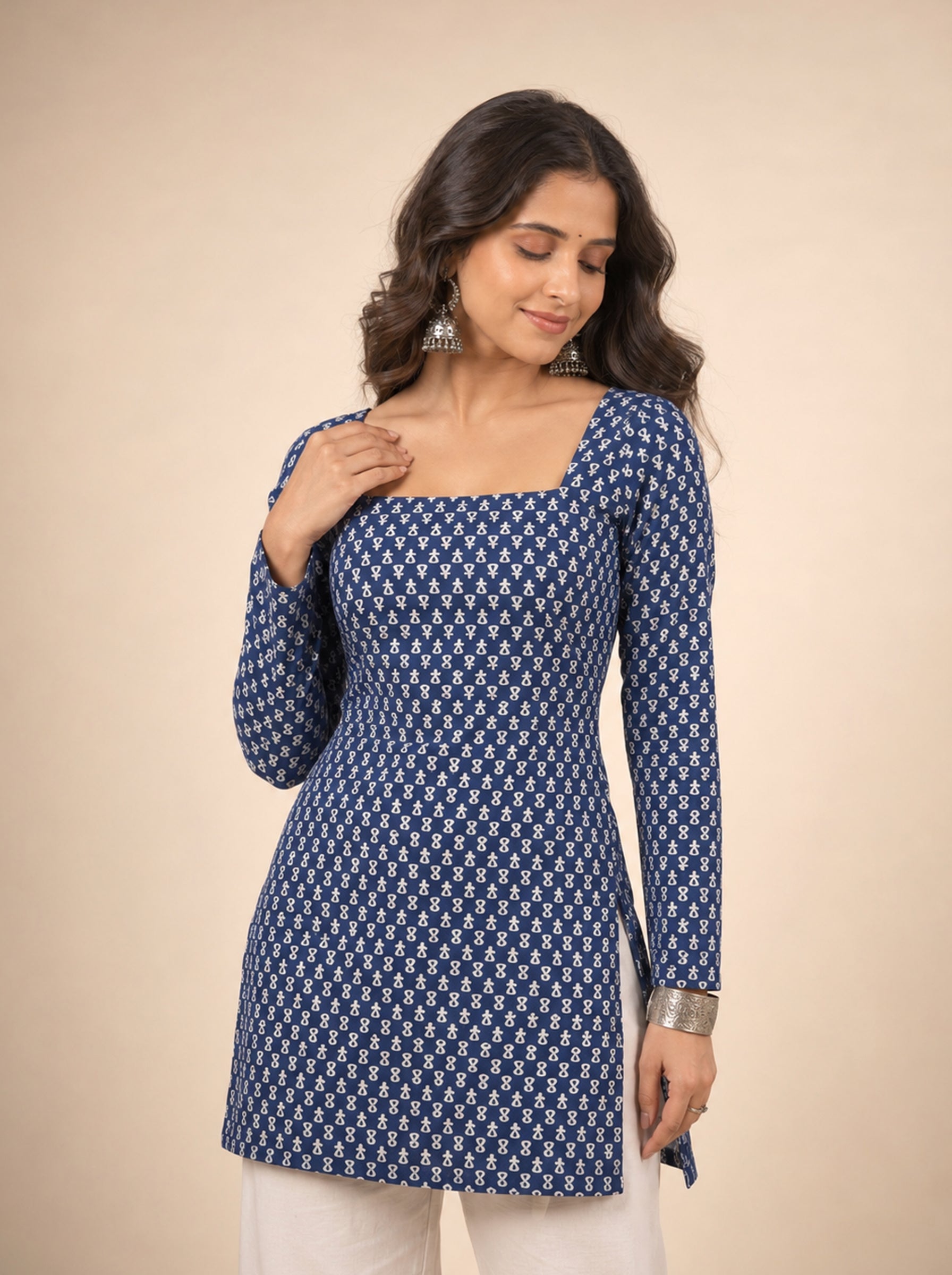 Cotton Square Neck Kurti Top – Navy Blue