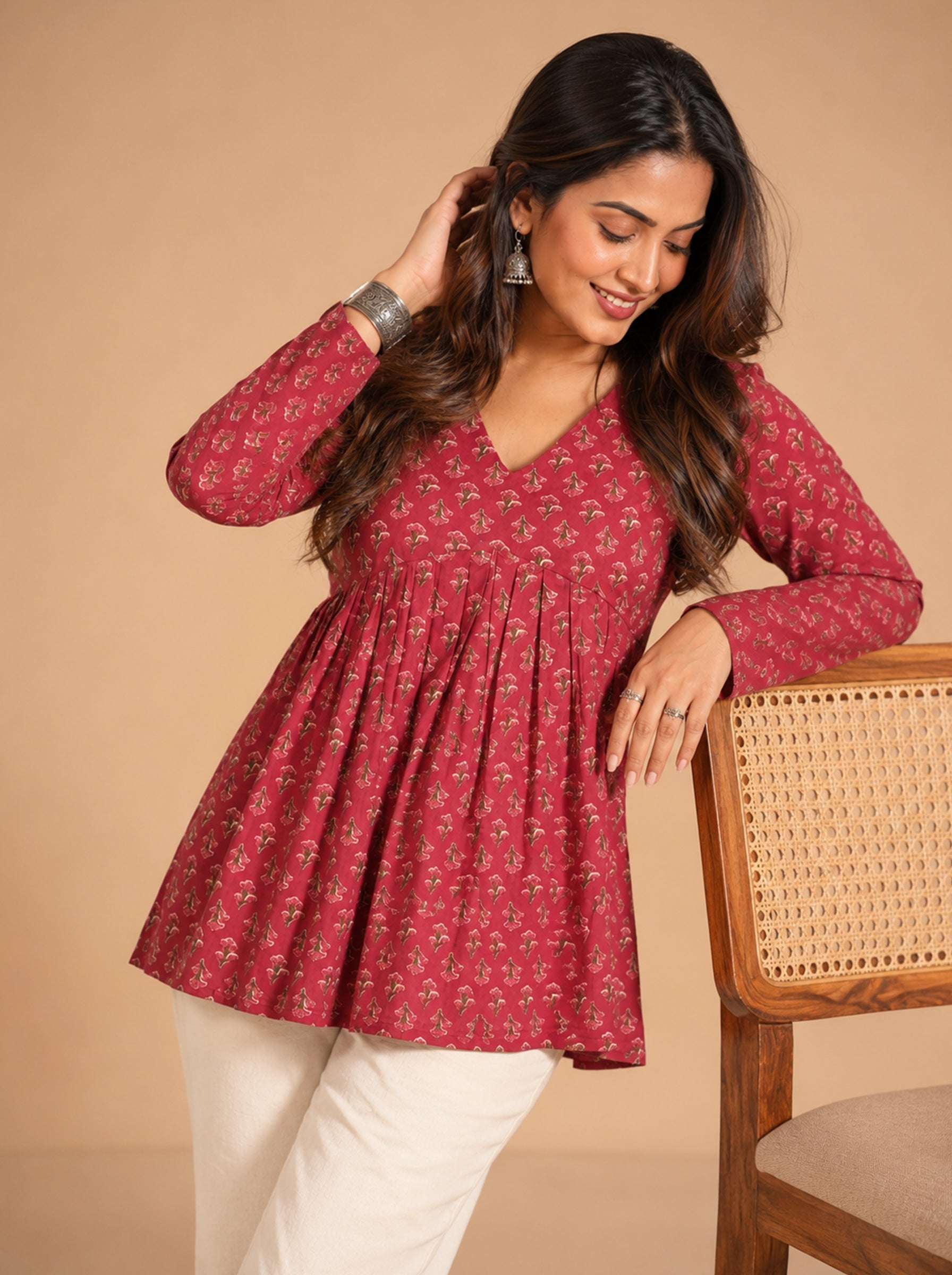 Cotton V Neck Peplum Kurti – Rose Red