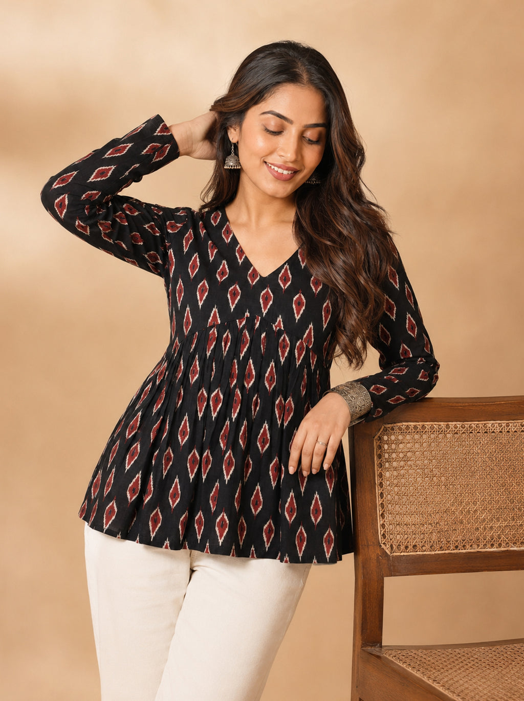 Cotton V Neck Peplum Kurti – Black