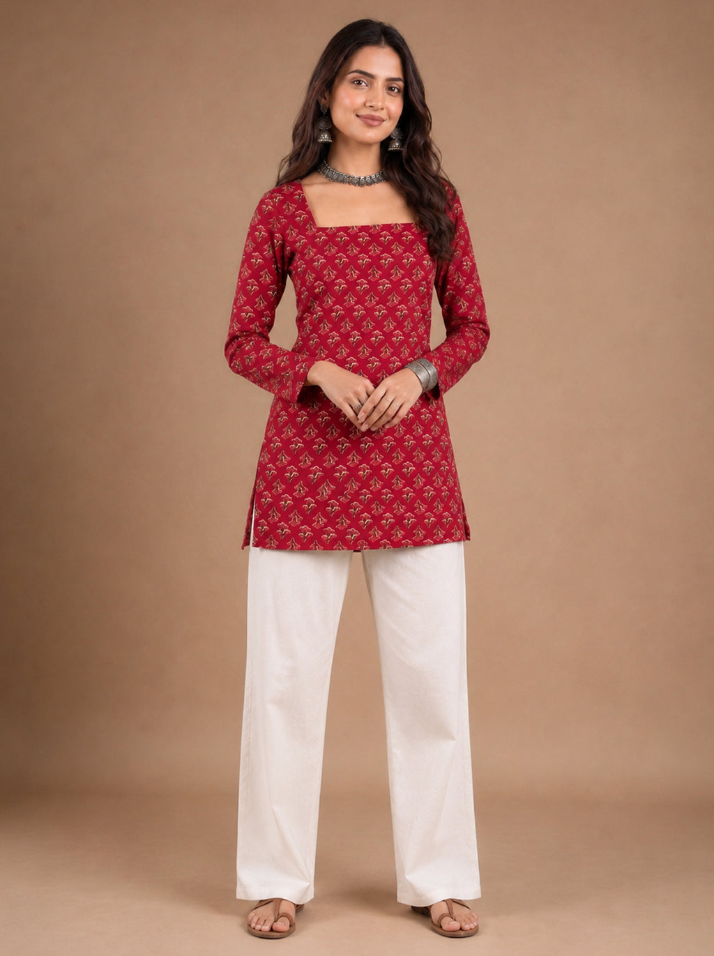 Cotton Square Neck Kurti Top – Rose Red
