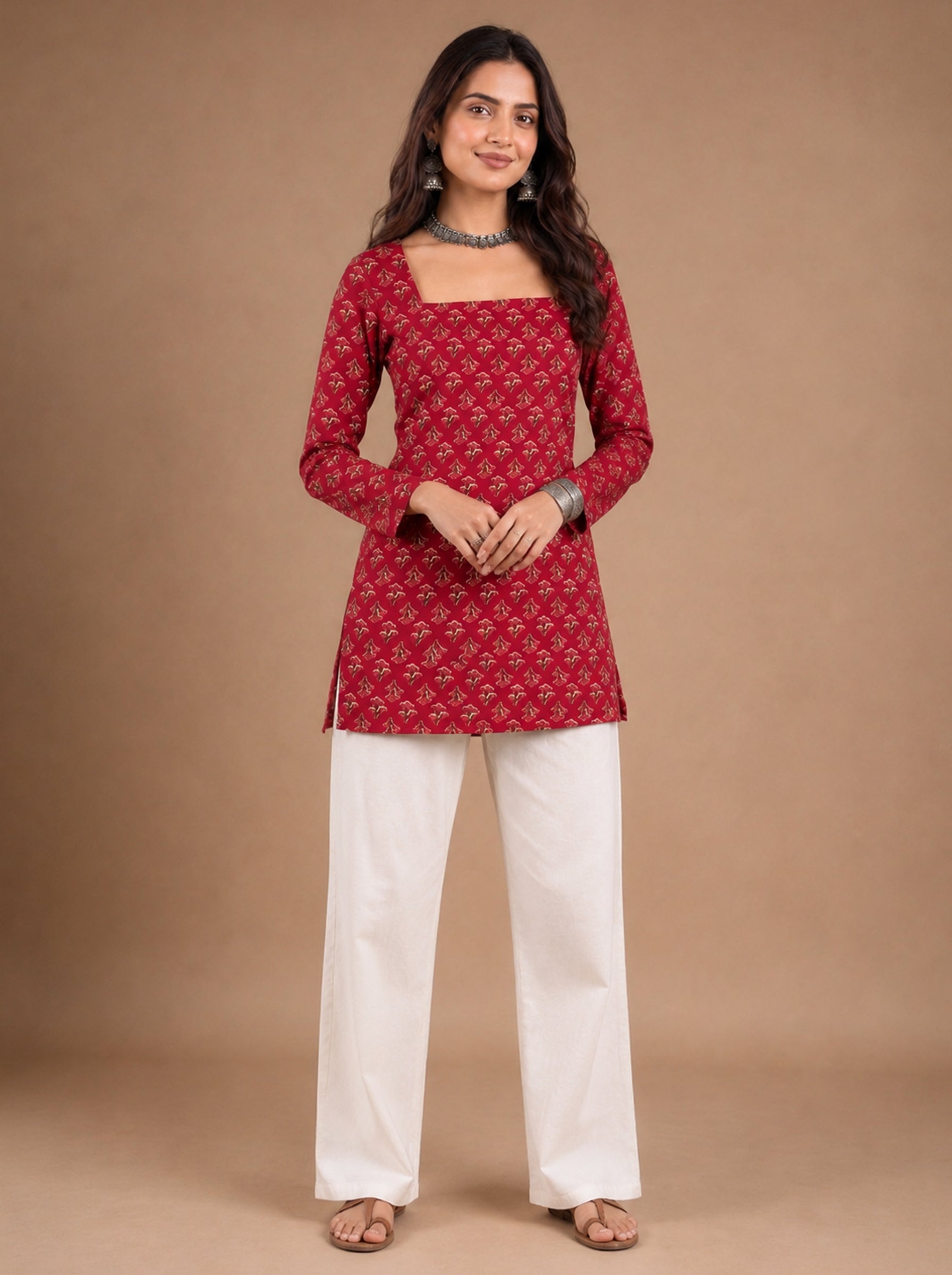 Cotton Square Neck Kurti Top – Rose Red