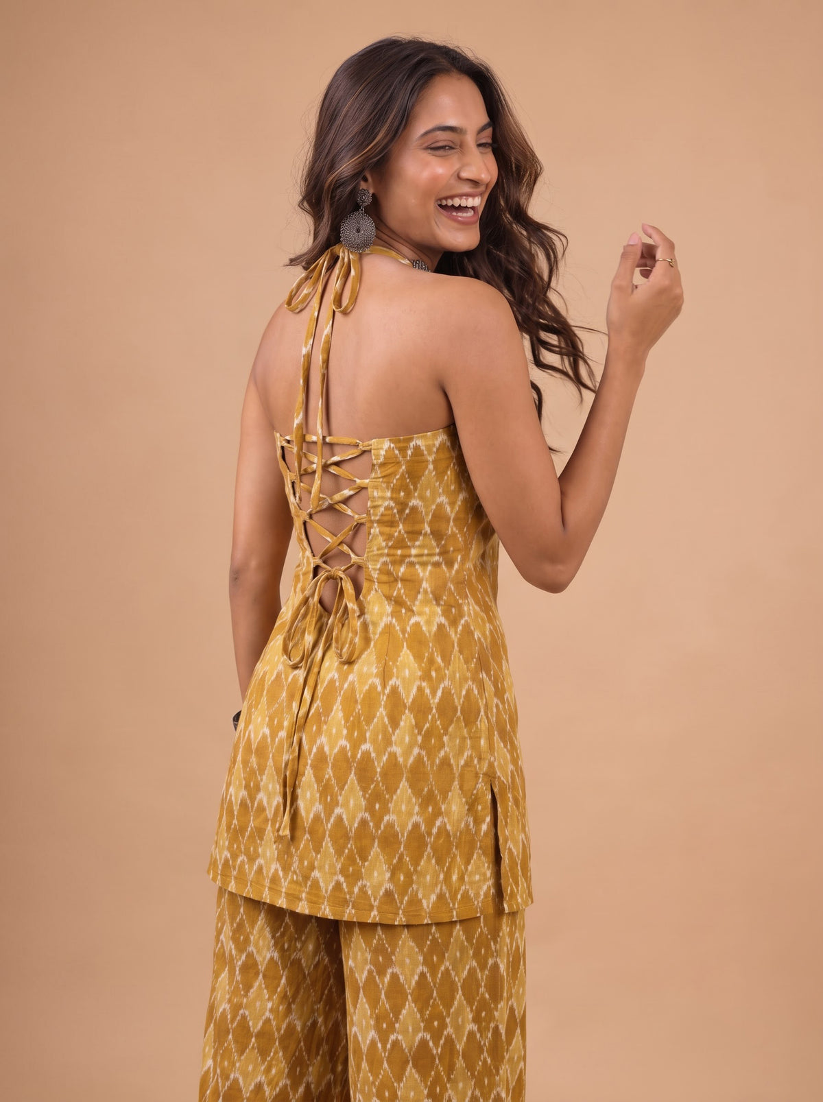 Cotton Halter Neck Kurti Palazzo Set – Yellow