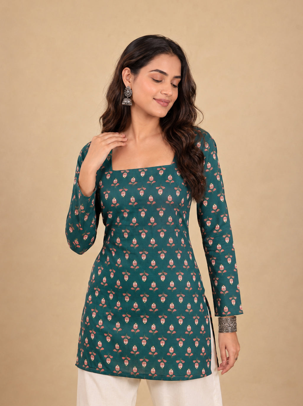 Cotton Square Neck Corset Kurti – Green