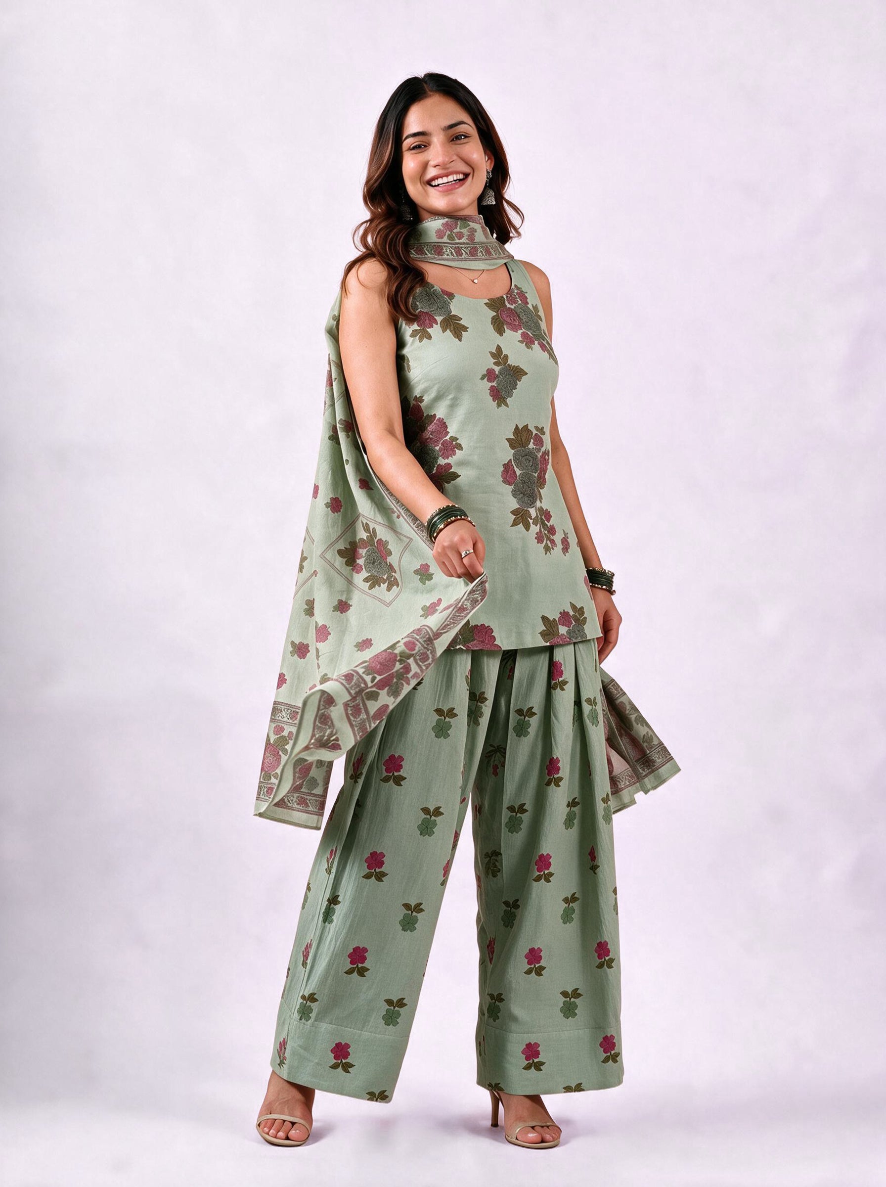 Cotton Corset Kurti Salwar Dupatta Set – Green