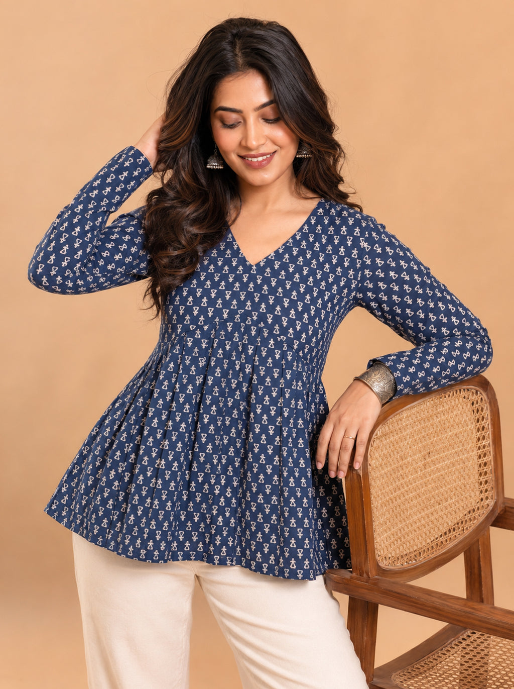 Cotton V Neck Peplum Kurti – Navy Blue