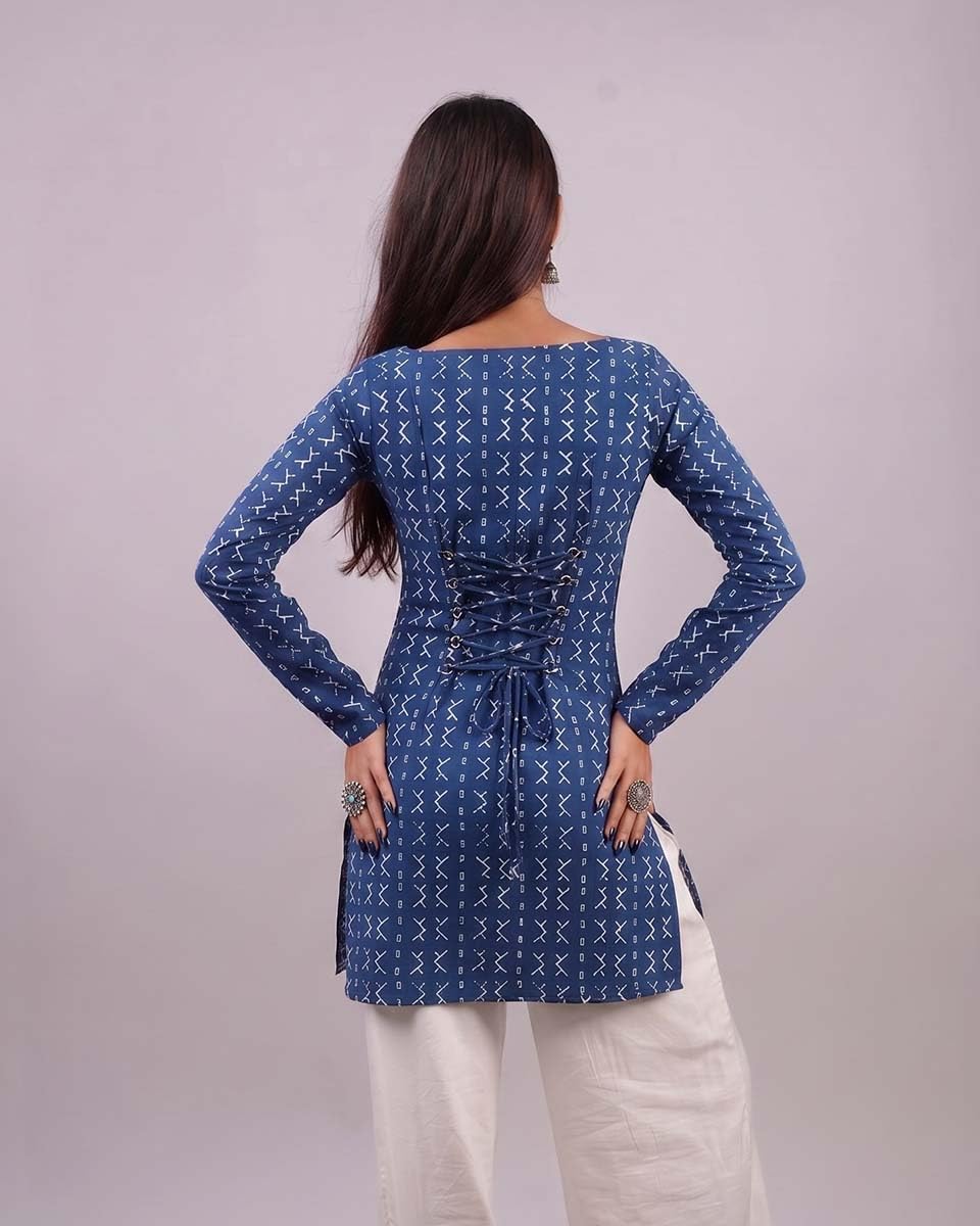 Cotton Square Neck Kurti Top – Indigo