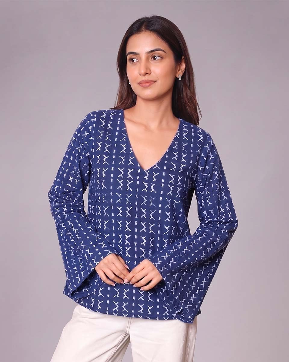 Cotton V-Neck Tunic Top – Indigo