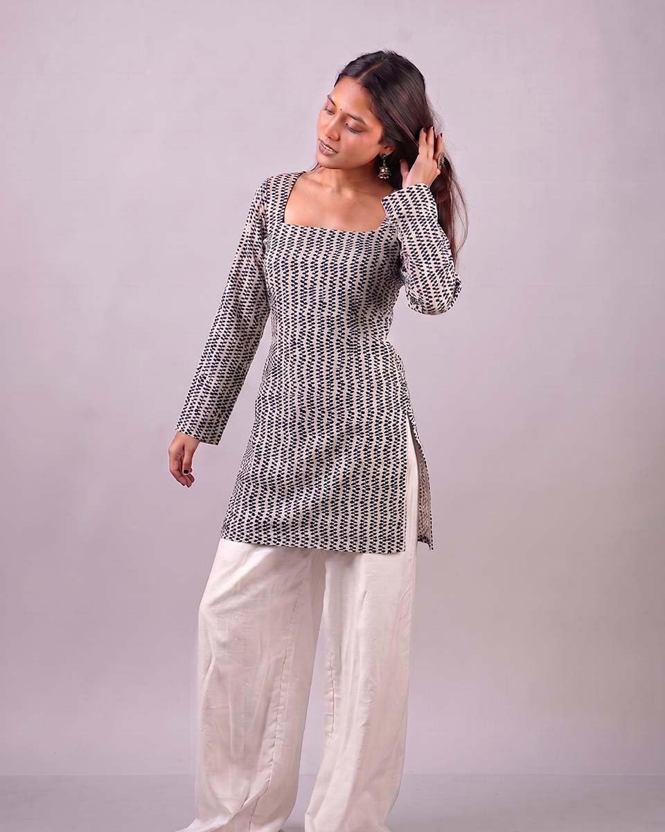 Cotton Square Neck Kurti Top – Off White Indigo