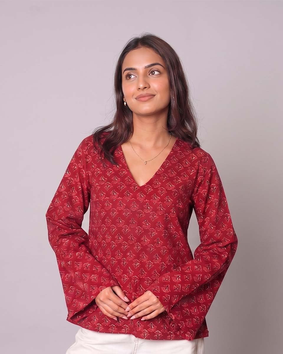 Cotton V-Neck Tunic Top – Rose Red