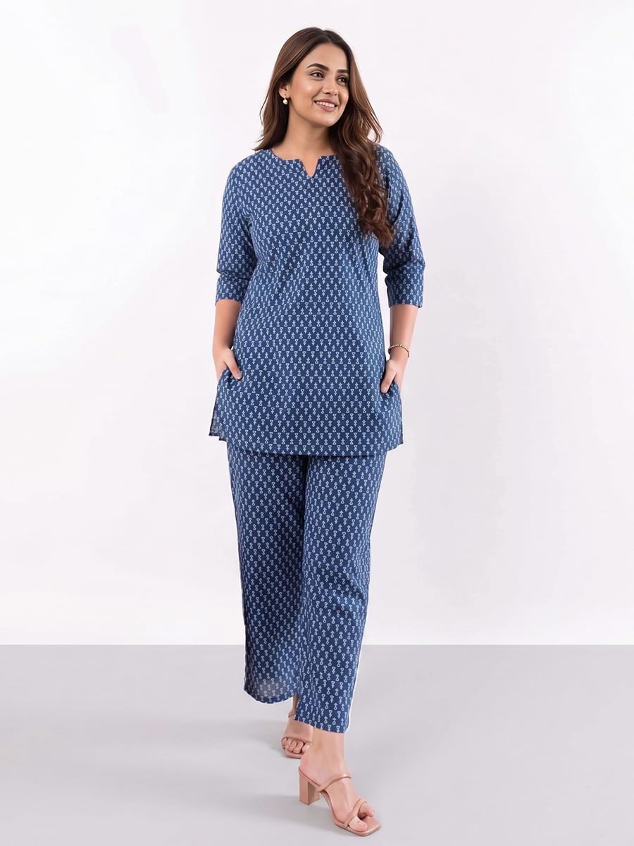 Cotton Kurta Pyjama Co-ord Set – Indigo