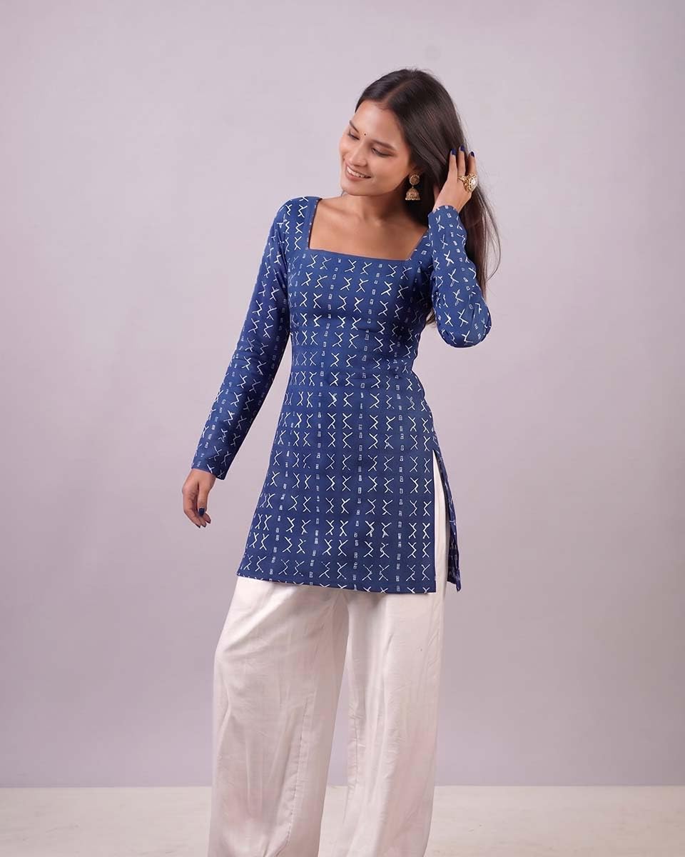 Cotton Square Neck Kurti Top – Indigo