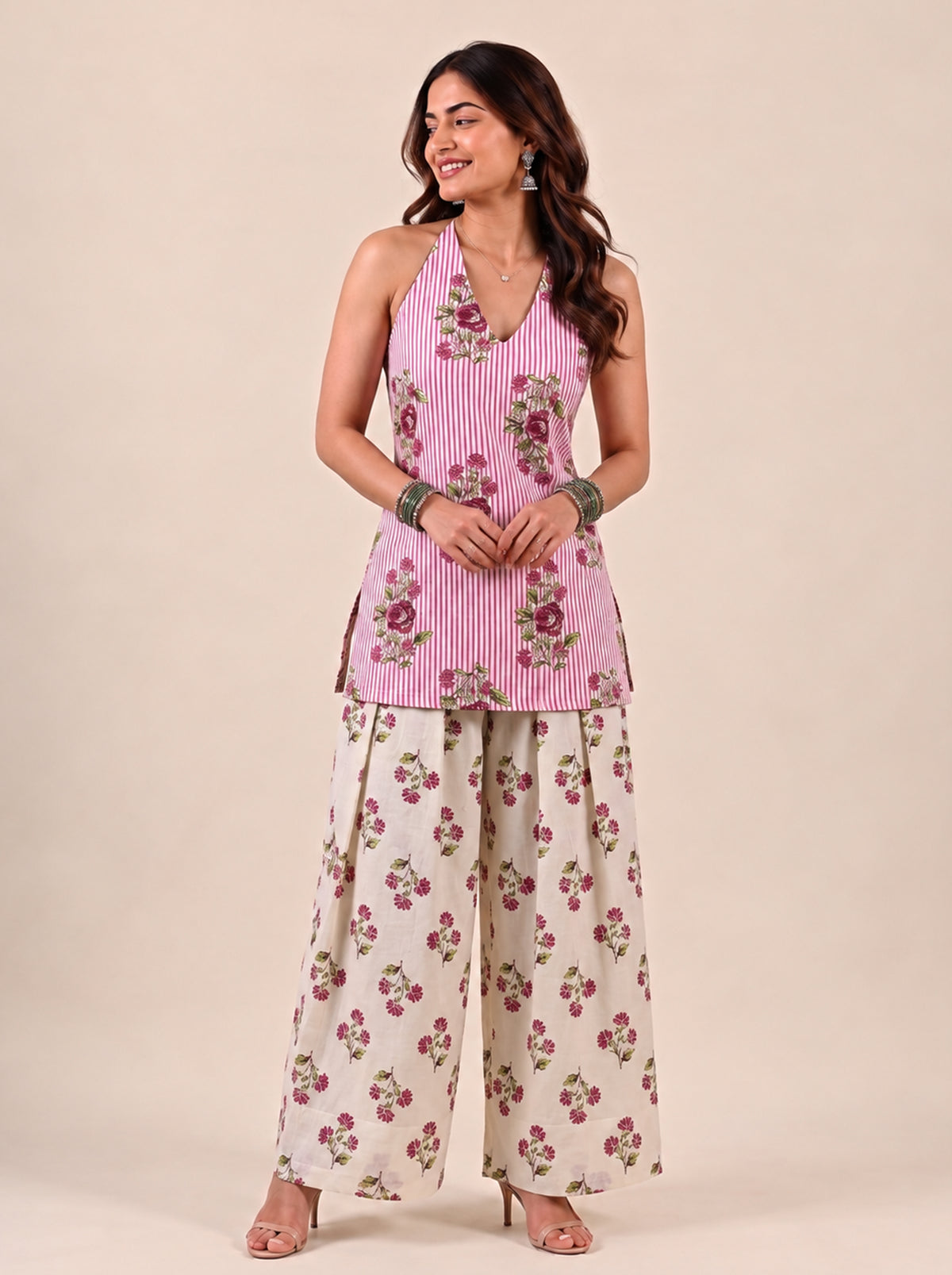 Halter Neck Kurti Palazzo Set – Pink