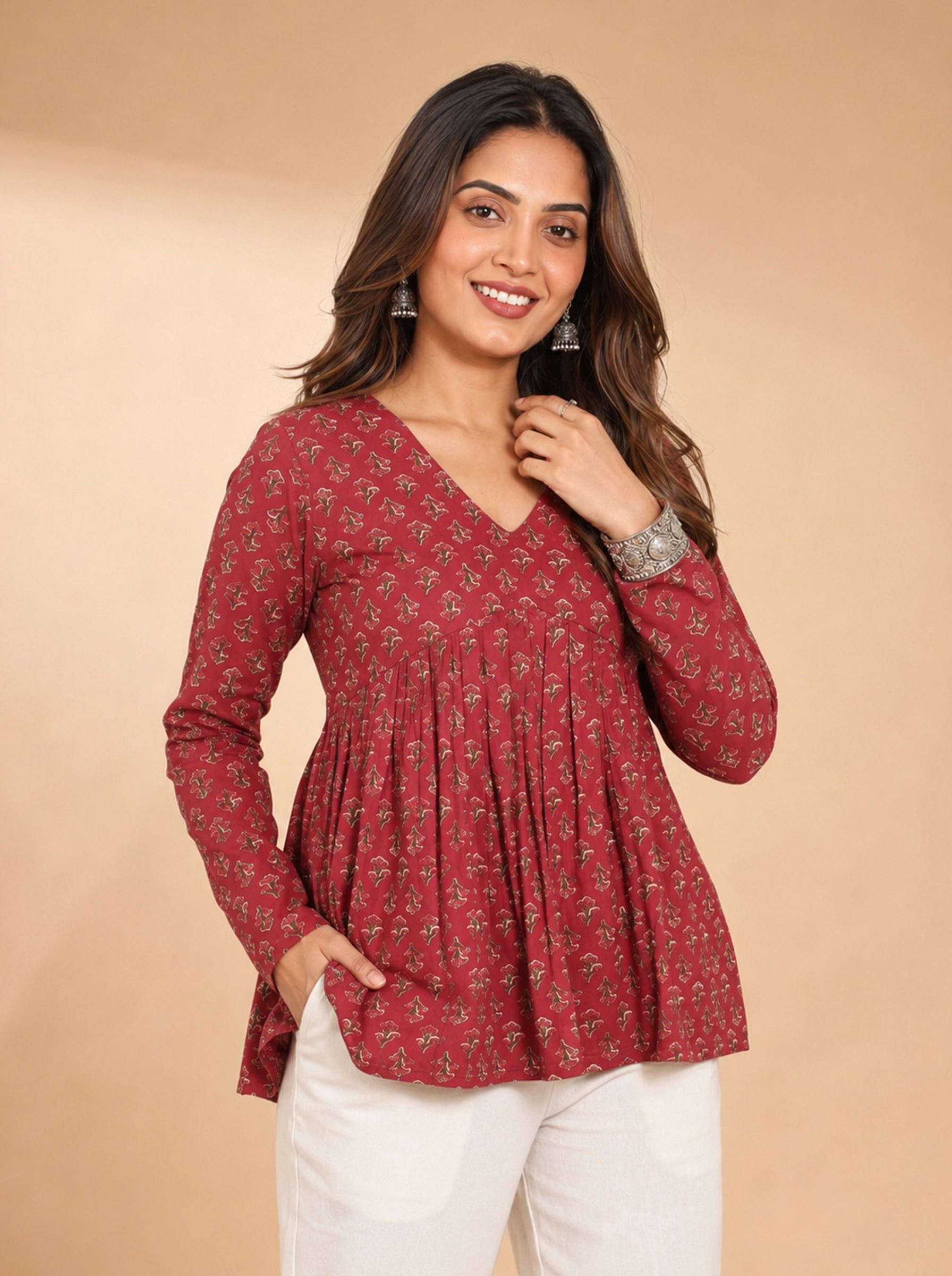 Cotton V Neck Peplum Kurti – Rose Red