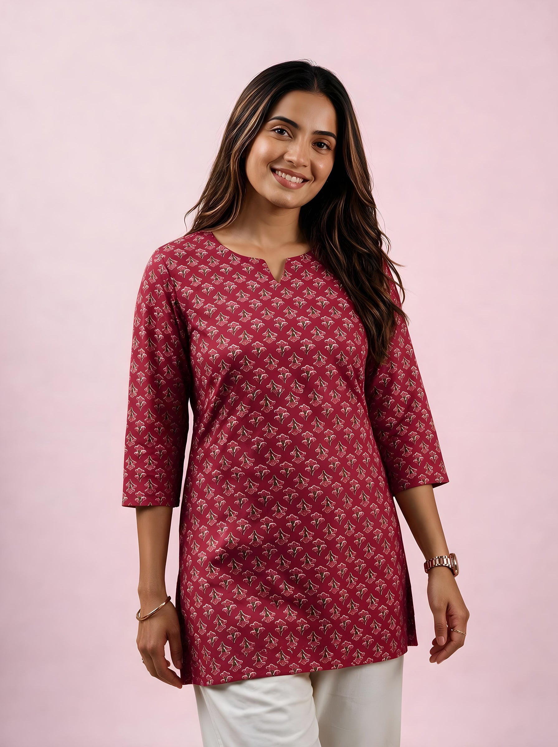 Cotton Notch Neck Short Kurti – Rose Red